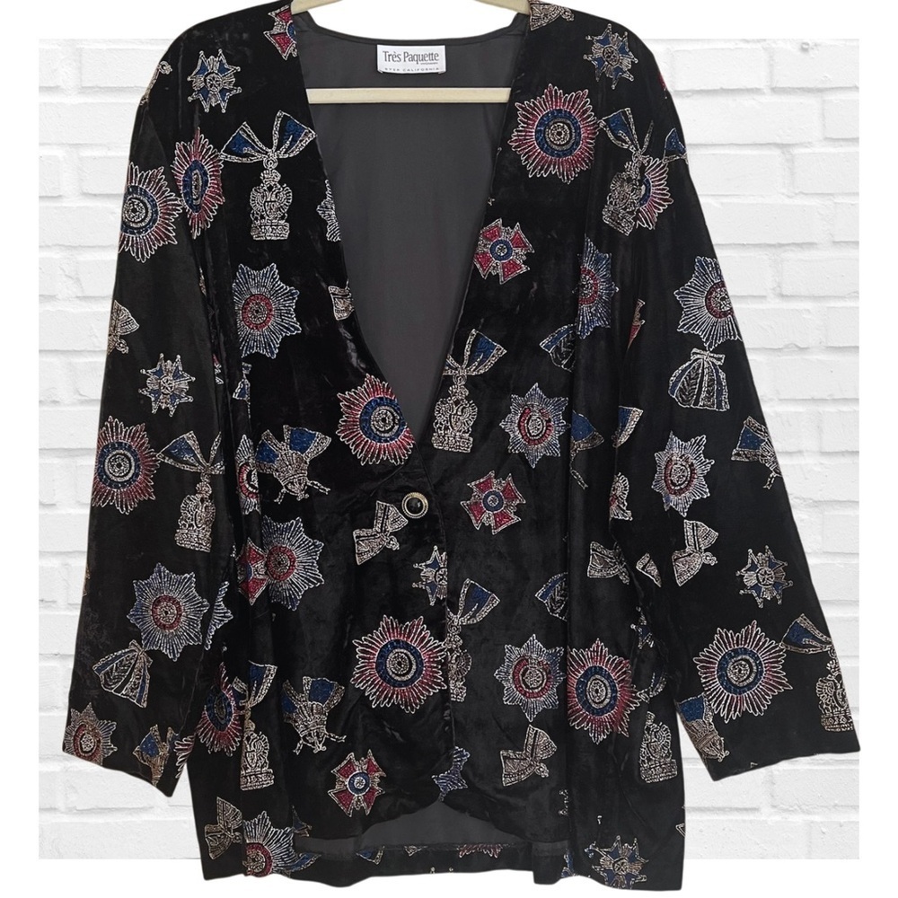 Vintage Tres Paquette Sz 1X Black Velvet Embroidered Jacket Artsy Party Formal